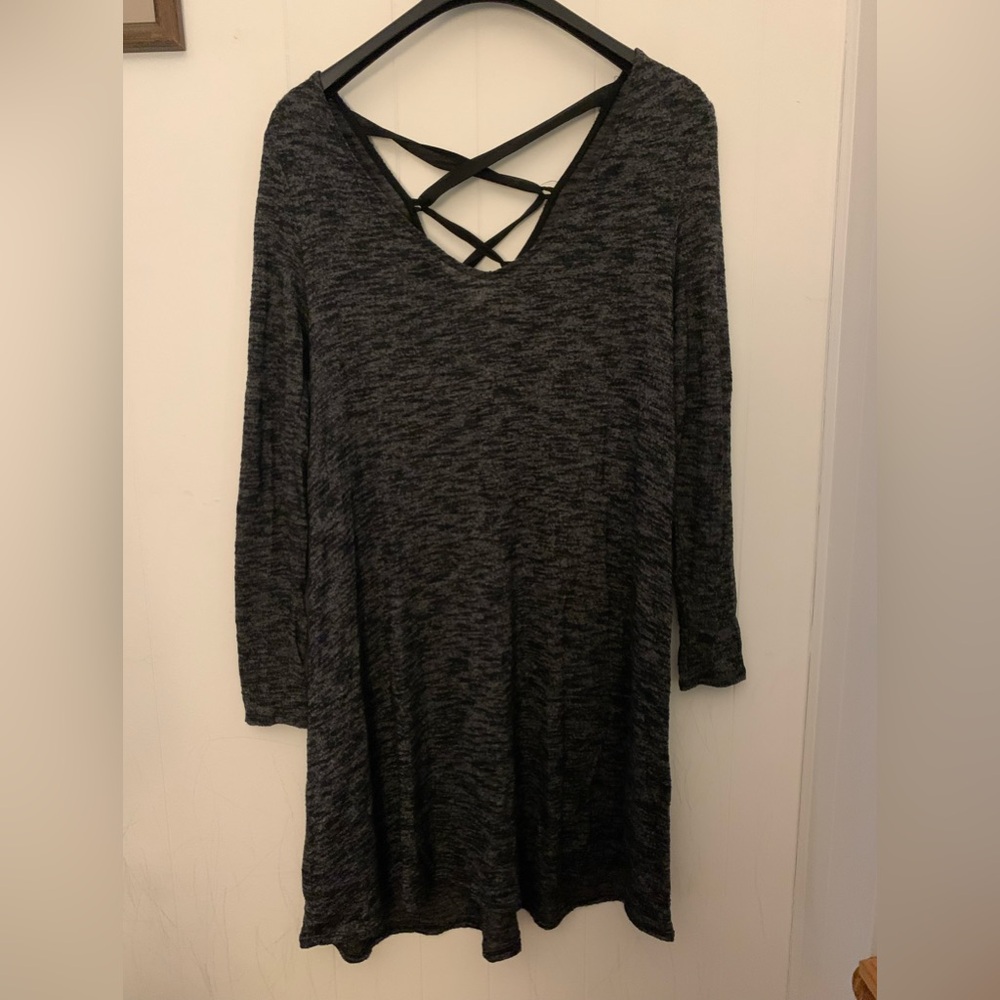 JUST BE Gray Heathered V-Neck Long Sleeve DRESS women size 1X Tie-up Back